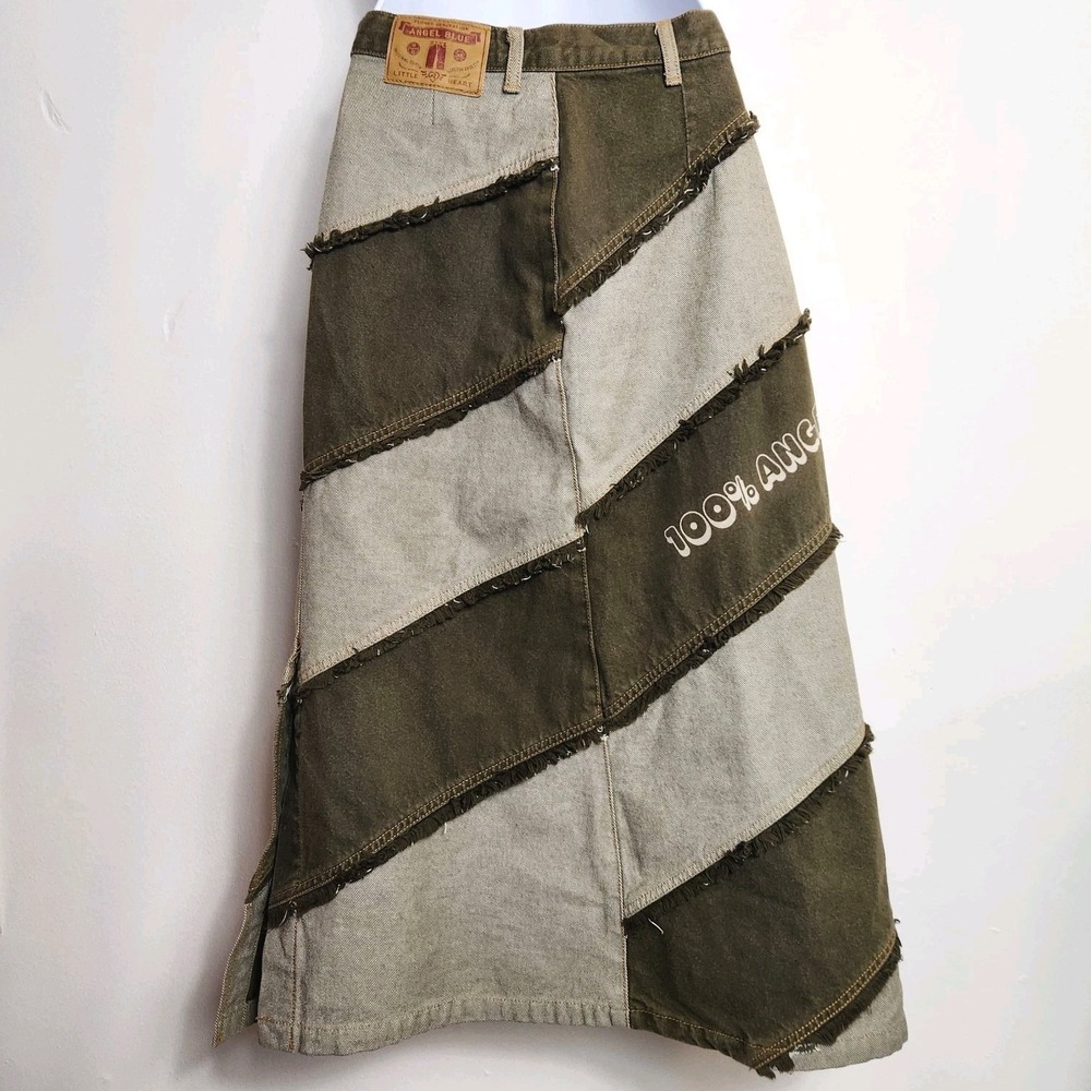 Rare Angel Blue Y2K Patchwork Denim‎ Maxi Skirt Raw Hem Japanese Harajuku 24 XS - Picture 2 of 16